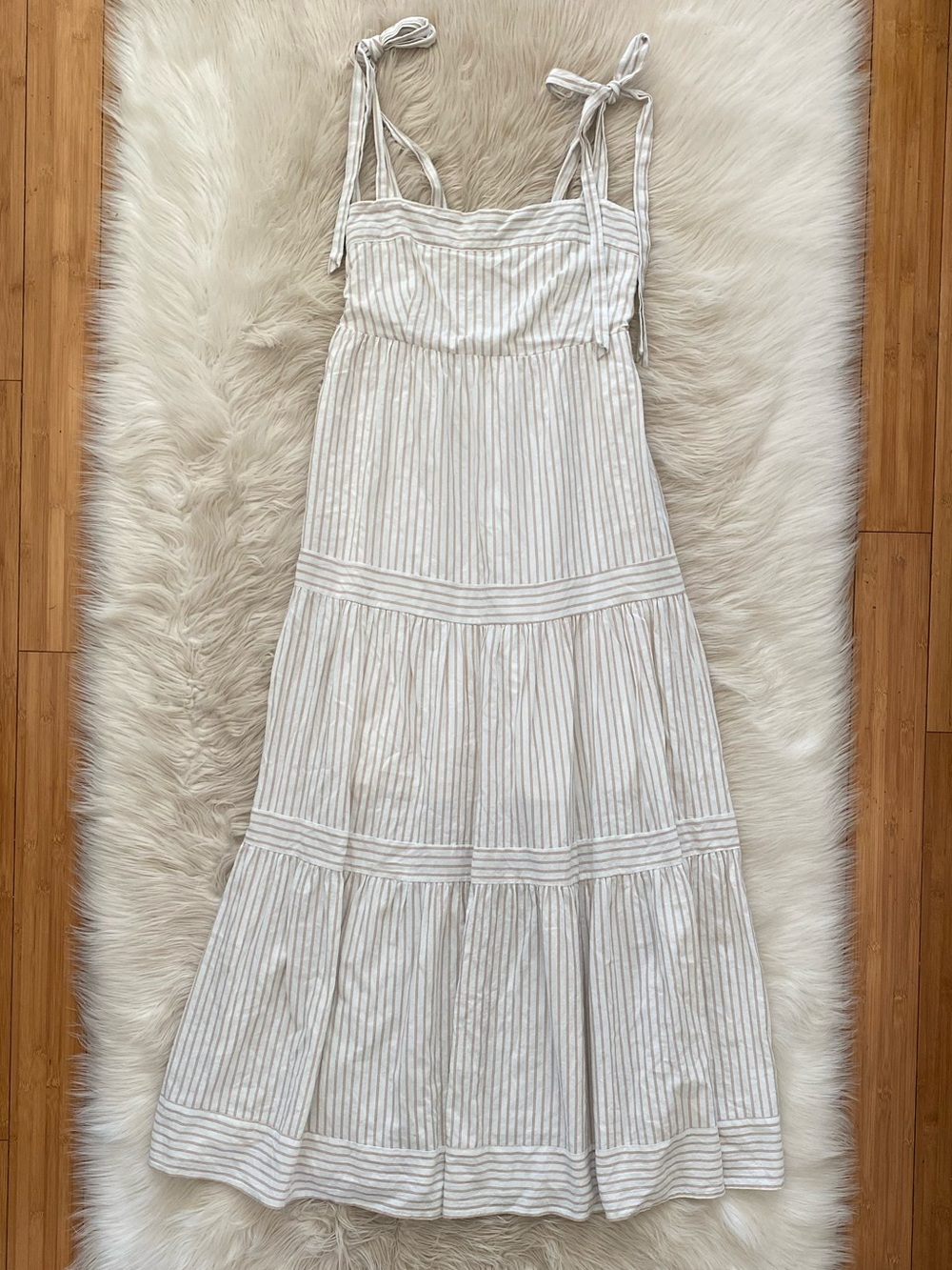 Lucca White Tan Striped Tiered Sleeveless Maxi Dress Cottagecore Vacation M - Picture 2 of 12